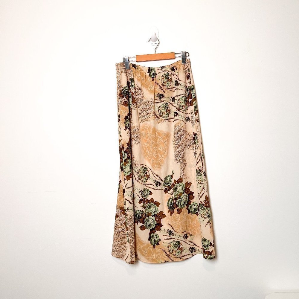 Vintage 80s Bohemian Tan Floral Maxi Retro Skirt